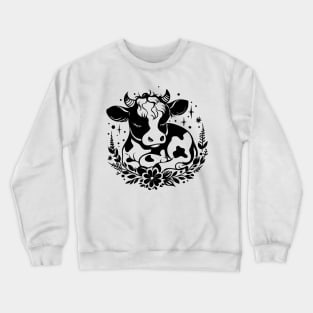 Cute Cow with Floral Wreath Black and White Artwork Crewneck Sweatshirt